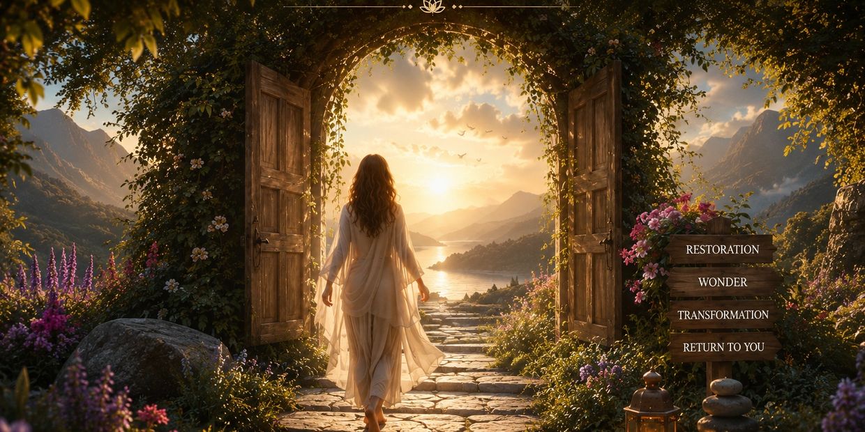 A woman walks through an open wooden door into a glowing sunset over a serene landscape.
