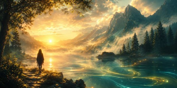 A person standing by a magical glowing lake at sunset.