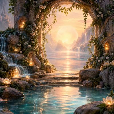 Magical stone archway overlooking serene sunrise lake scene.