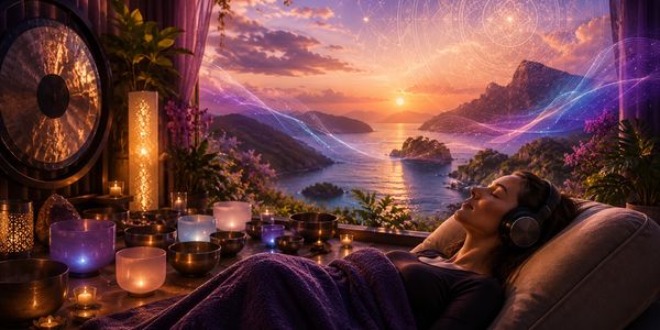 Woman meditating with headphones in a serene sunset setting.
