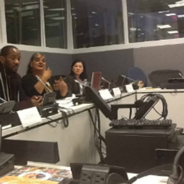People engaged in a discussion around a conference table with microphones.