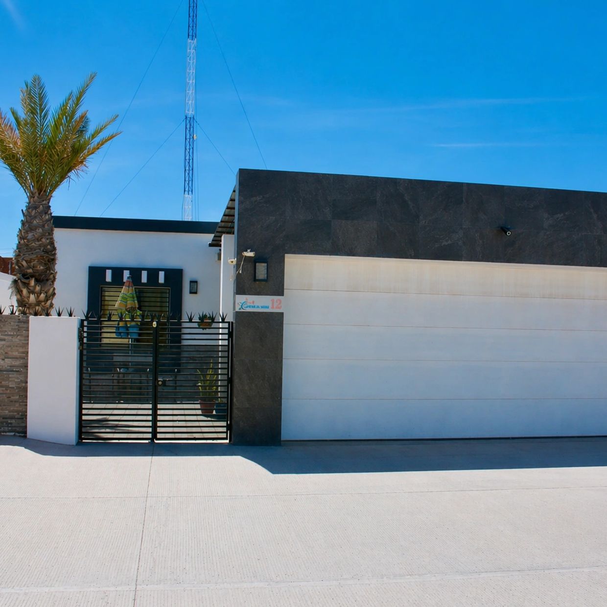 Modern house with black gate, white garage door, and palm tree under blue sky.