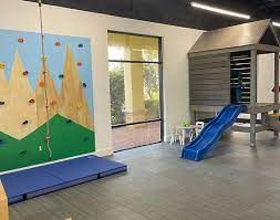 Indoor therapy area with a climbing wall and slide
