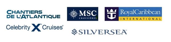 Logos of major cruise lines and shipbuilders.