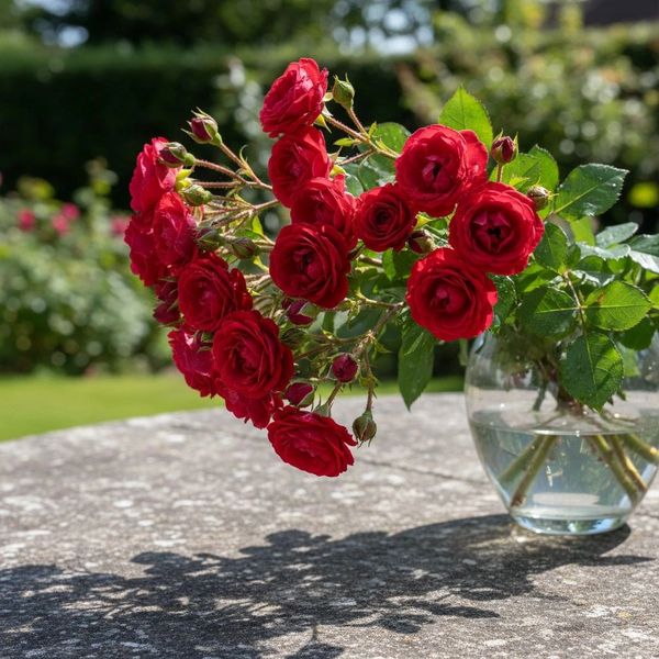 A vibrant bouquet of red roses in a glass vase on a stone table outdoors.