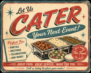 Vintage catering sign promoting food service for events like parties and meetings.