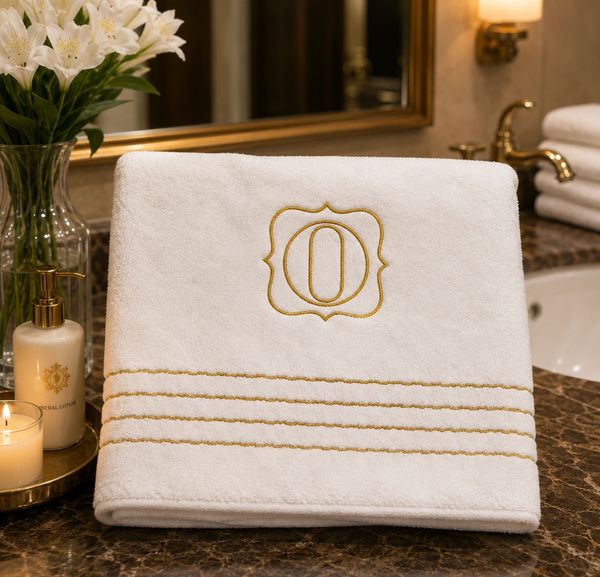 Elegant white towel with gold embroidery on a marble countertop.