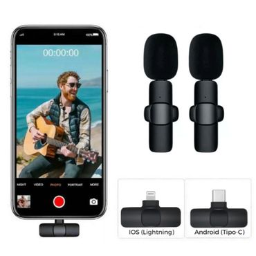 Microfone Lapela Para Celular Kit 2 em 1 Wireless Sem Fio Compatível Android E IPhone/IOS