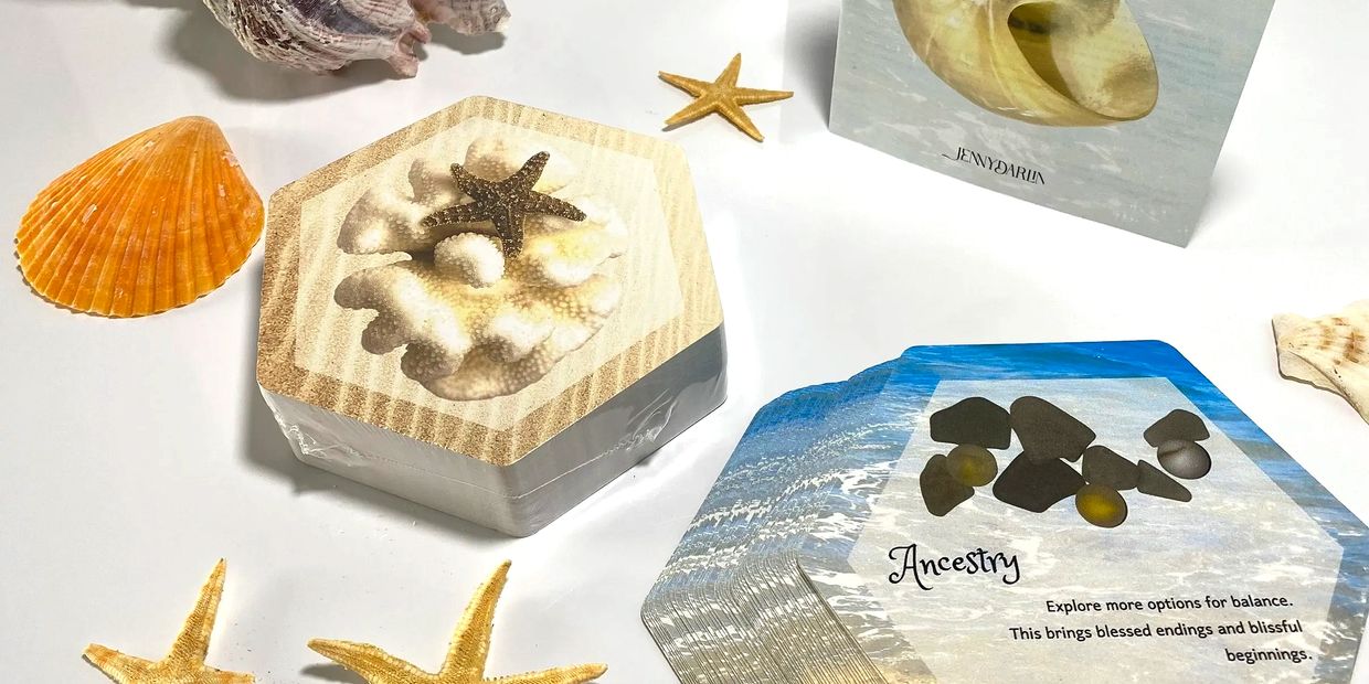 Ocean Tokens Treasures of The Shore Oracle cards, seashells, guide book, crystals