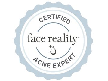 A certified face reality acne expert badge in blue and white.