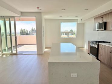 Modern kitchen with island and balcony access in bright apartment.