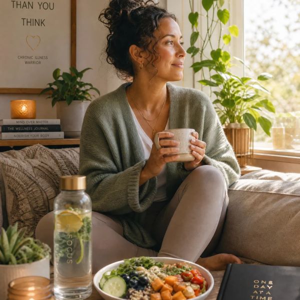 Woman enjoying a peaceful moment with a healthy meal and drink by the window.