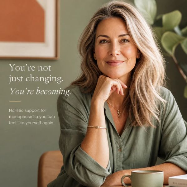 Confident woman promoting holistic menopause support with a warm smile.