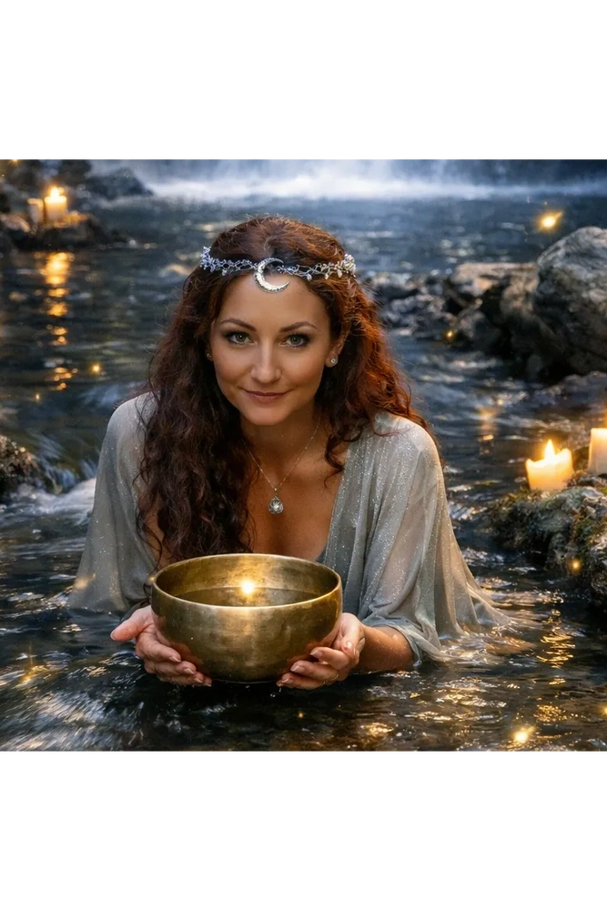 Woman in water holding a glowing bowl, surrounded by candles and mystical lights.