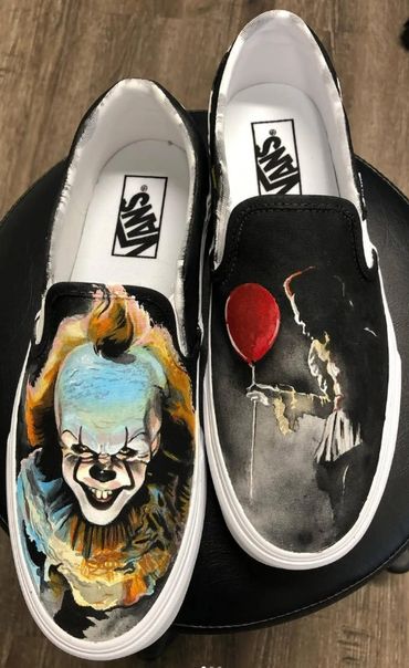 Custom Vans shoes with Pennywise clown and red balloon artwork.