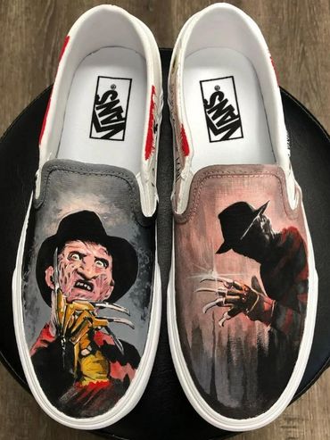 Custom Vans shoes featuring painted Freddy Krueger from horror films.