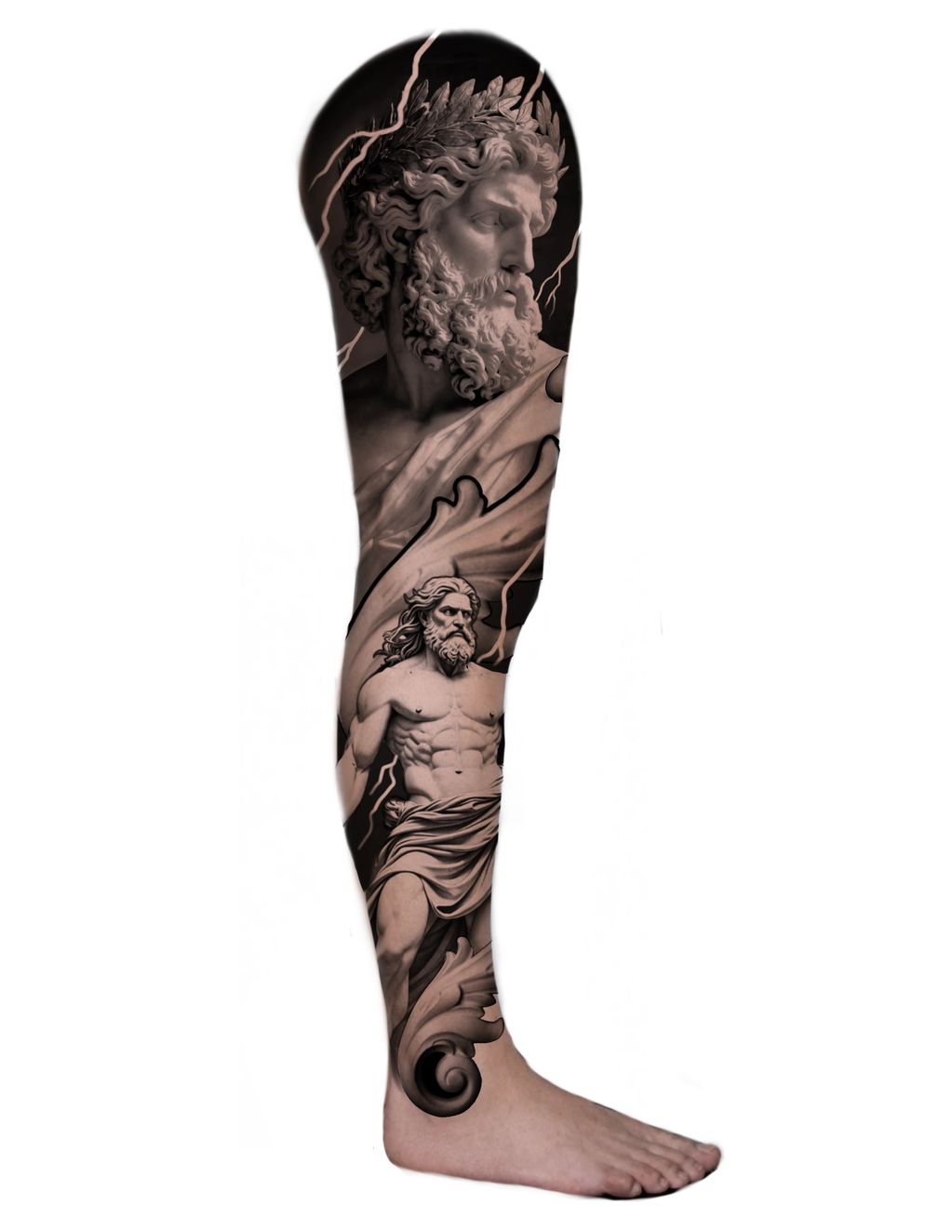 Zeus and Poseidon black and grey leg sleeve available concept tattoo design