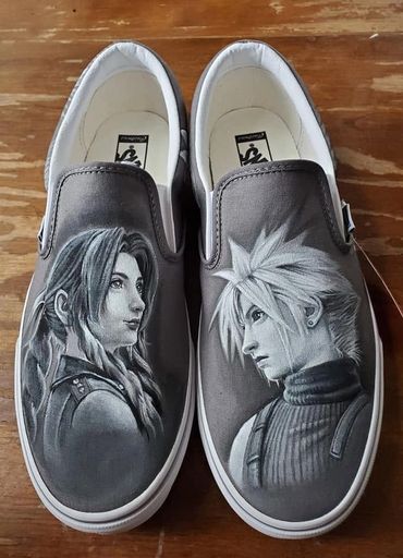 Slip-on shoes featuring detailed grayscale portraits of two characters from Final Fantasy.
