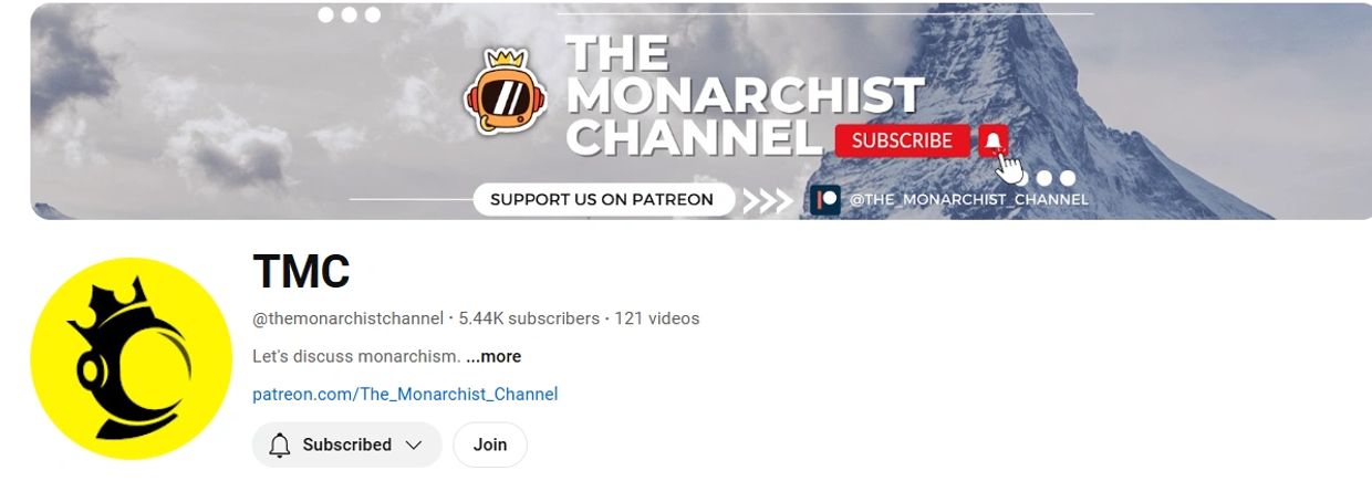 YouTube channel page for TMC with 5.44K subscribers discussing monarchism.