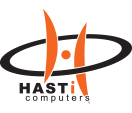 Logo with orange stylized 'H' and black oval ring, labeled 'Hasti Computer'.