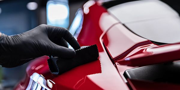 Hand with black glove cleaning a shiny red car surface with a cloth.
