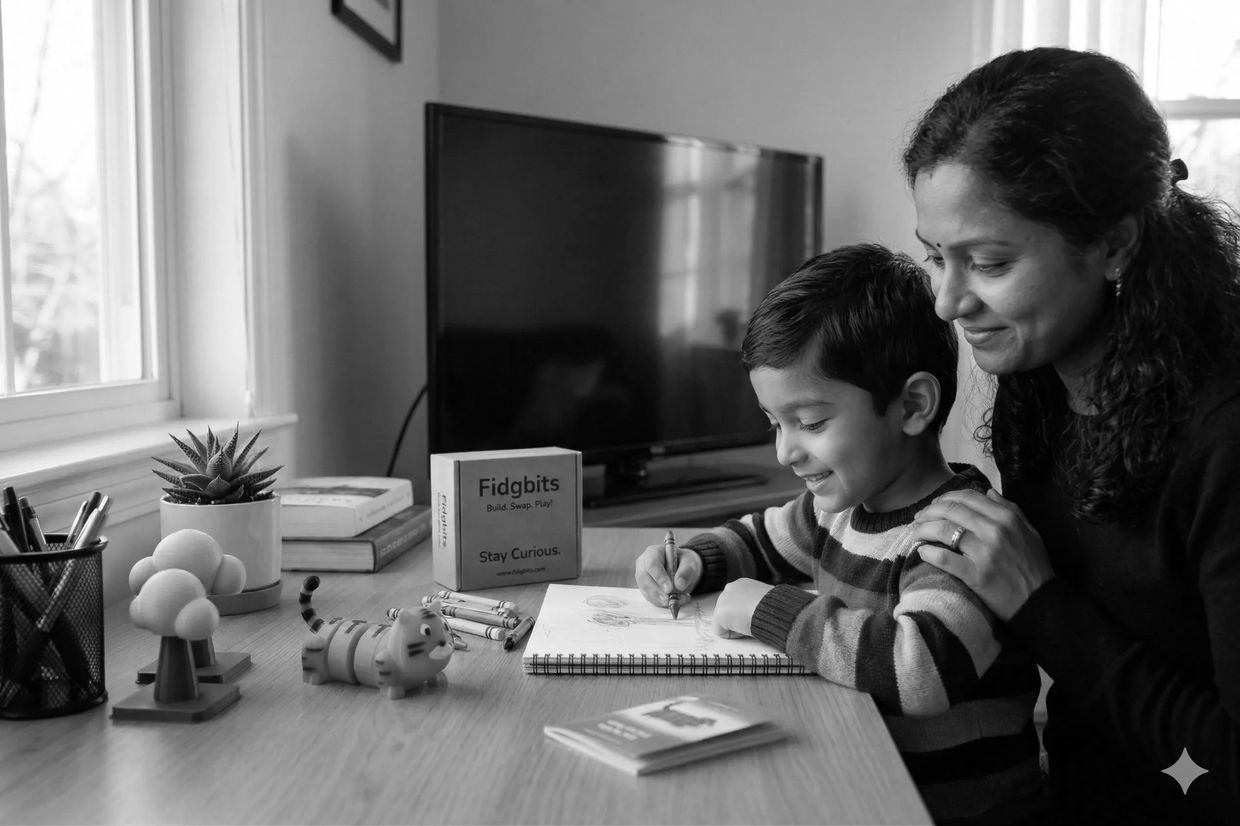 A parent and child enjoying a creative moment together while drawing, with a Fidgbits tiger creature