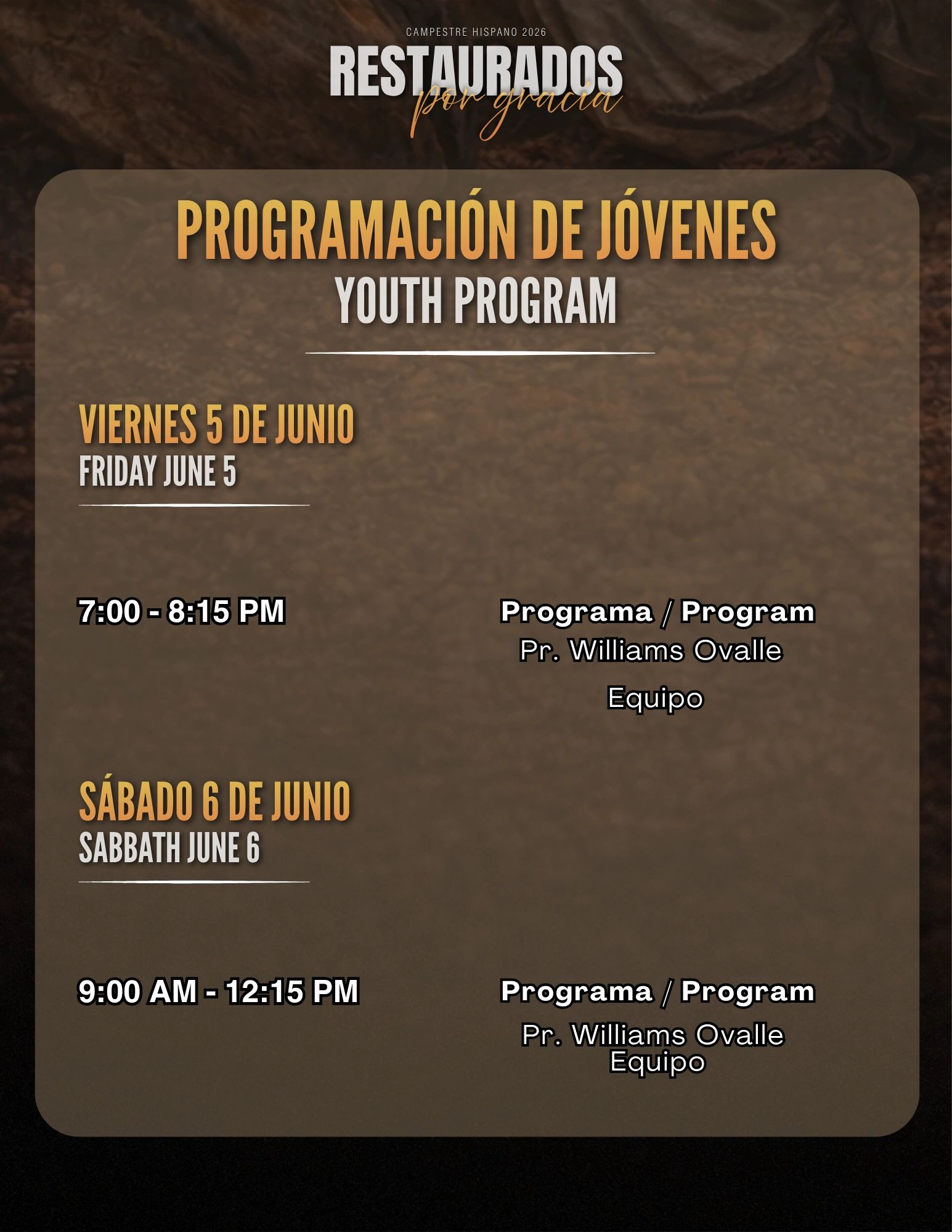 Youth program schedule for June 5 and 6 with Pr. Williams Ovalle.