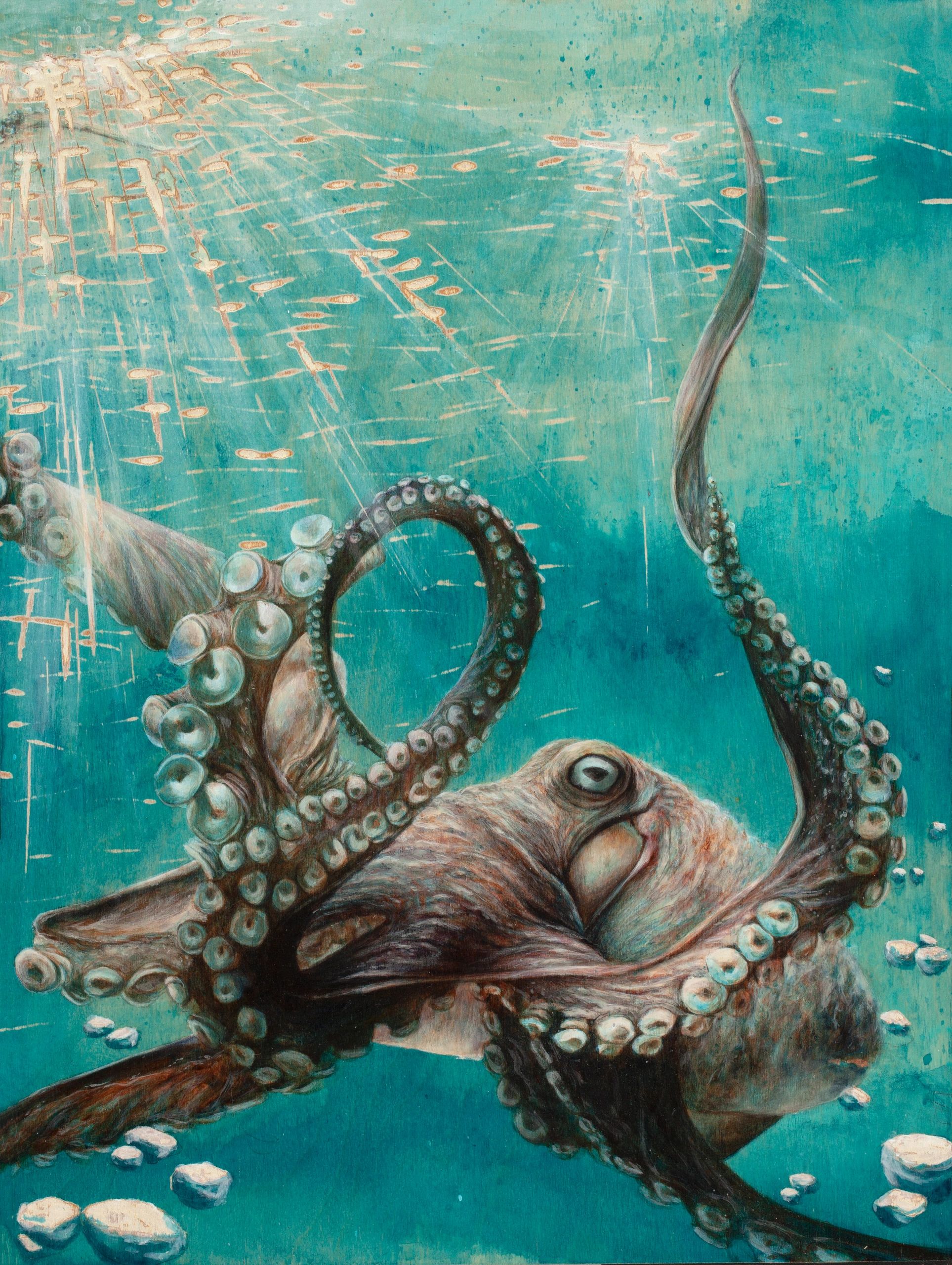 Artistic underwater depiction of an octopus with detailed tentacles and textured water.