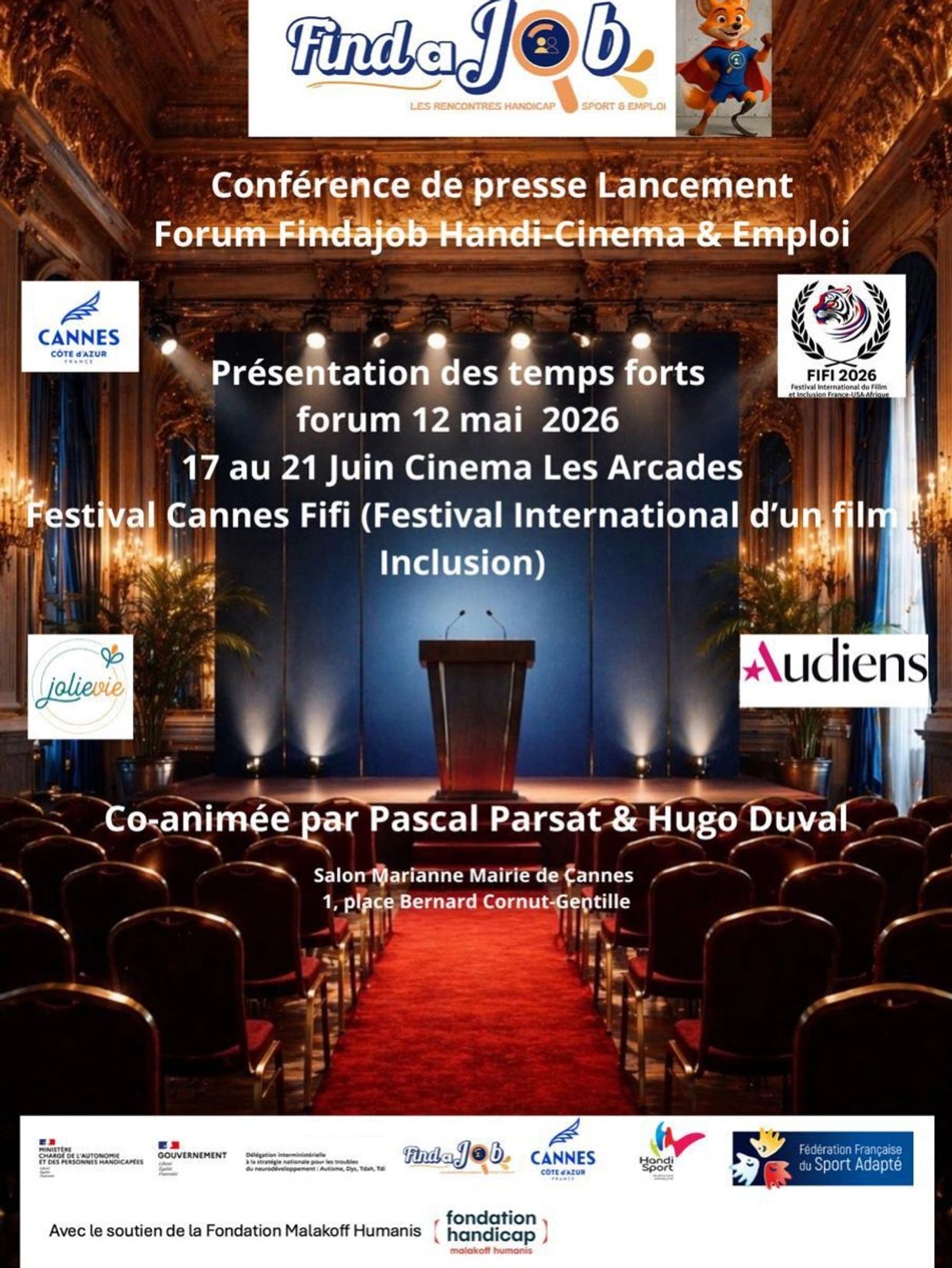 Press conference for Findajob Handi Cinema &amp; Employment forum in Cannes, May 2026.