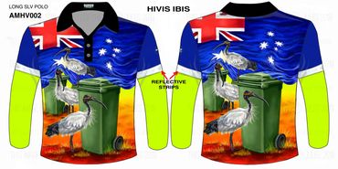 Long sleeve polo with Australian flags, ibises, and reflective strips on neon yellow sleeves.