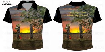 SS Polo shirt with sunset, hat on fence, and soldier quote.