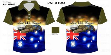 Lest We Forget polo shirt with Australian flag and military hats.