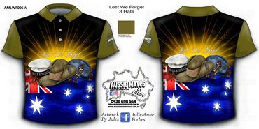 Lest We Forget themed polo shirt with three military hats and Australian flag.