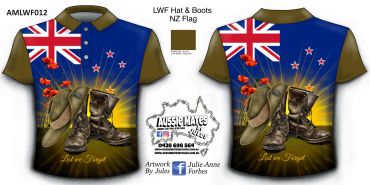 Blue polo shirt with NZ flag, poppies, and boots design.