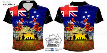 Australian remembrance-themed polo shirt with poppies and silhouettes of soldiers.