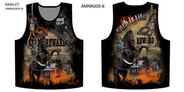 Wild West-themed singlet with horse, rider, flames, and vintage wanted poster.