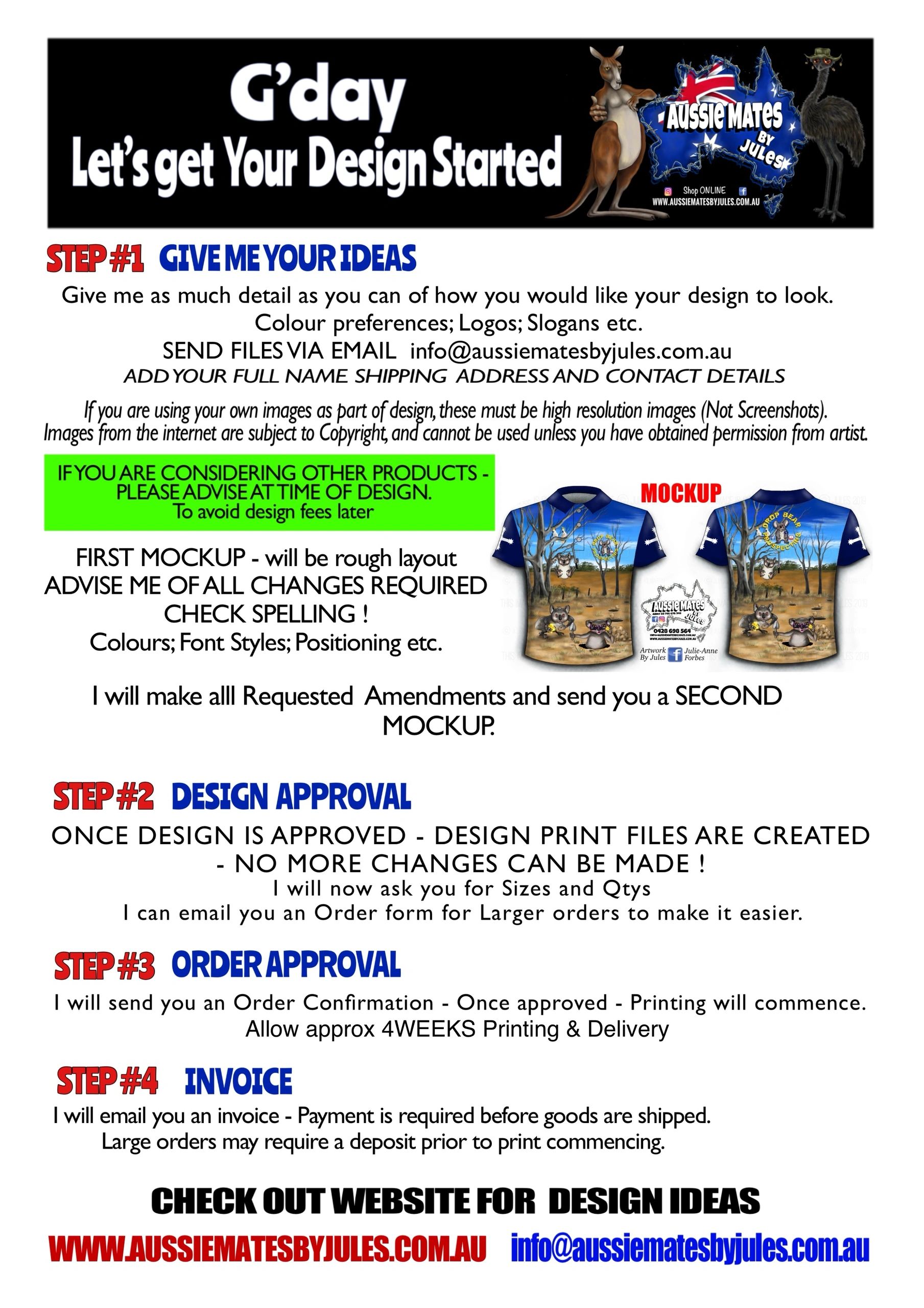 Steps to get your custom design started with Aussie Mates by Jules.