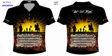 Black SS Polo with military tribute and 'Lest We Forget' text.