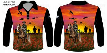 Long sleeve polo with soldier on horse at sunset with helicopters and planes.