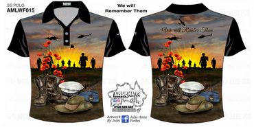 Memorial polo shirt honoring fallen soldiers with poppies and military symbols.
