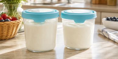 Two containers filled with white powdered substance on a kitchen counter.