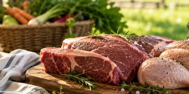 Fresh raw meat cuts on a wooden board outdoors.