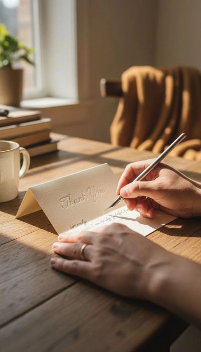 Handwriting a thank you note at a wooden table in warm sunlight.