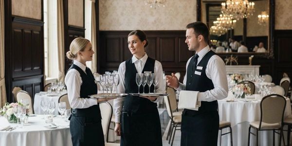 Three waitstaff in formal uniforms discussing with trays of glasses in a banquet hall.