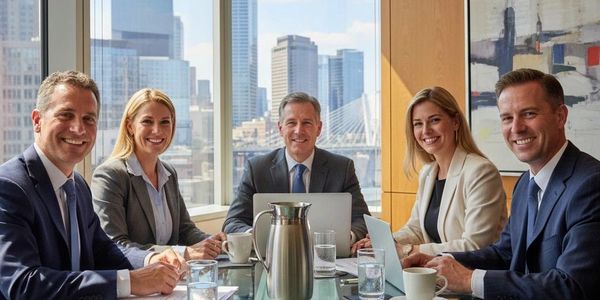 Five professionals in a modern office with city views, smiling at a meeting.