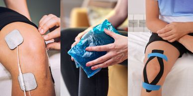 Three pictures of common home modalities, Tens, Ice pack, Kinesiology Tape. 