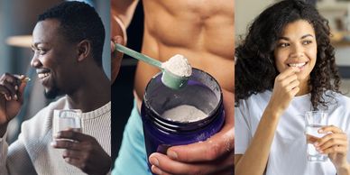 Three pictures depicting people taking supplements.