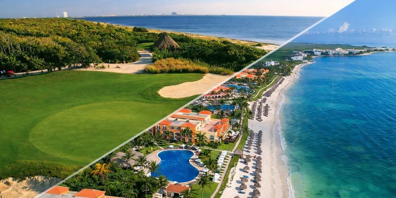 A split image showing a golf course on one side and a beach resort on the other.