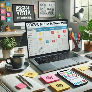 A workspace focused on social media management with a laptop, phone, and colorful sticky notes.