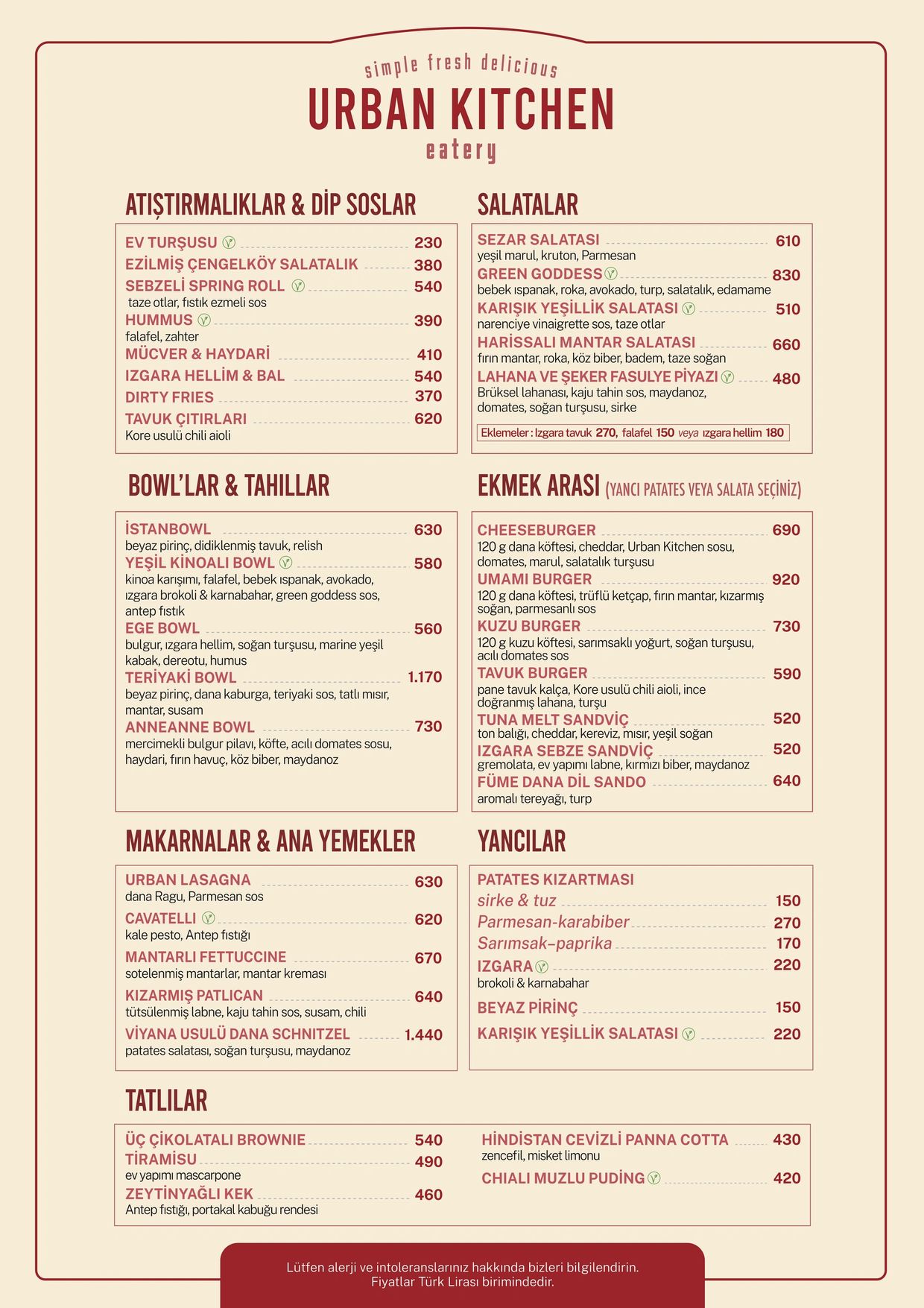 Urban Kitchen menu featuring appetizers, salads, bowls, main dishes, sandwiches, sides, and desserts with prices in Turkish Lira.